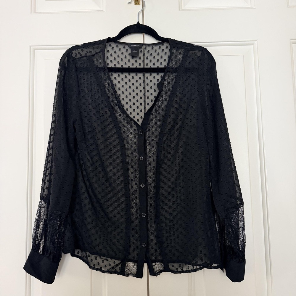 Ann Taylor Blouse Womens S Black Sheer Mesh Polka Dot Lace Button Front Top